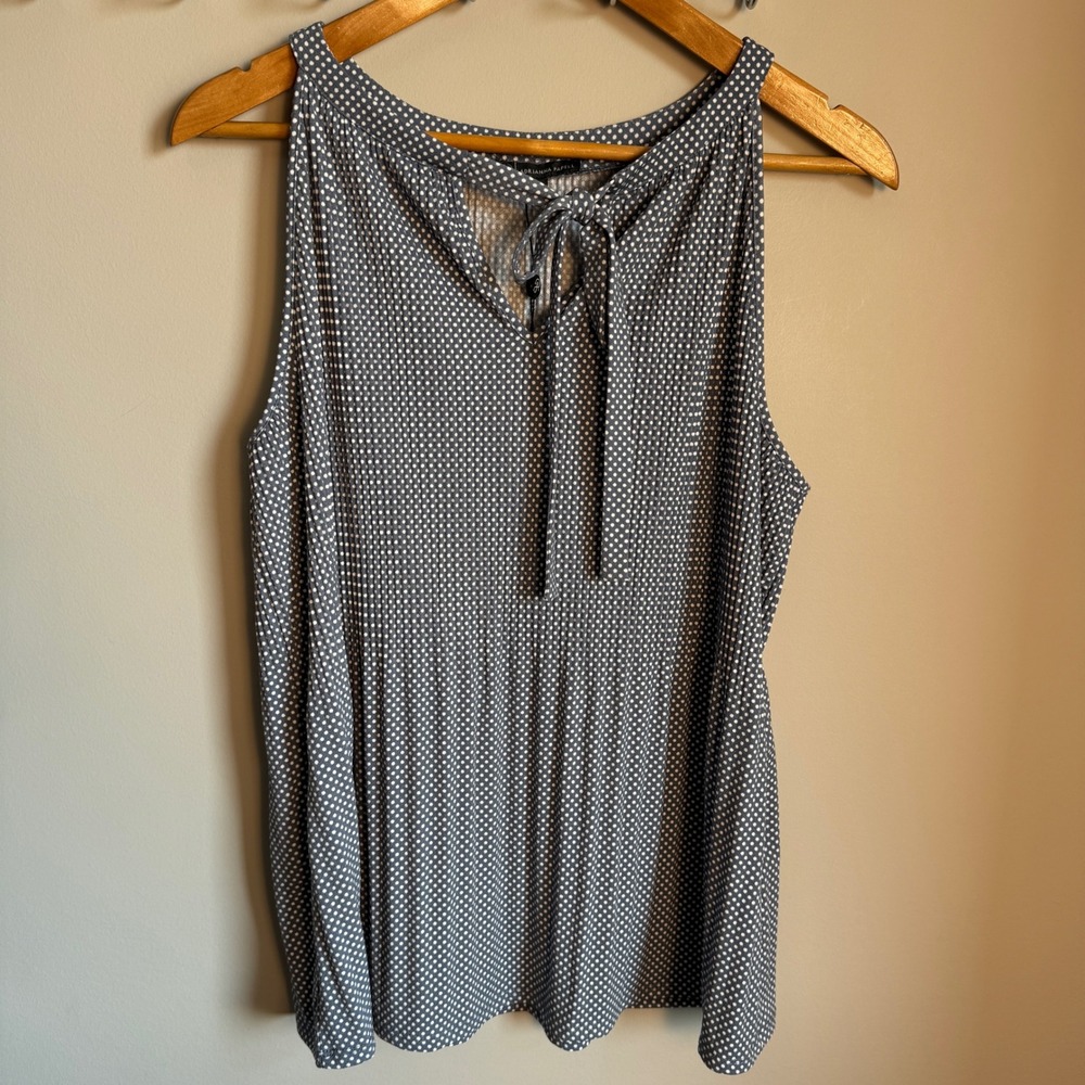 NEW Adrianna Papell Small Dot Pleated Halter‎ Tie Neck Tank Top Dusty Blue Large